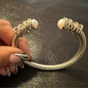 Luxury design open work stainless steel bangle with pearls and gold/silver tones